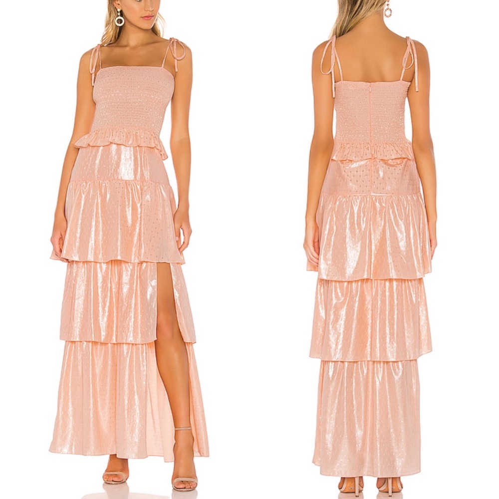 Amanda Uprichard Blush Pink Shimmer Tiered Maxi Dress